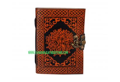 Celtic Tree Of Life Leather Journal Notebook Sketchbook Orange With Black Shadow Handmade Steampunk Embossed Feather 